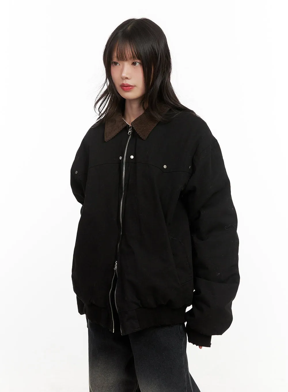 Fringe-Trim Collared Bomber Jacket CJ501
