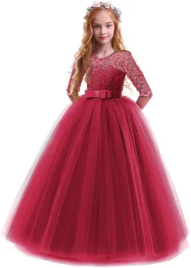 Girls Flower Vintage Floral Lace 3/4 Sleeves Floor Length Dress Wedding Party Evening Formal Pegeant Dance Gown