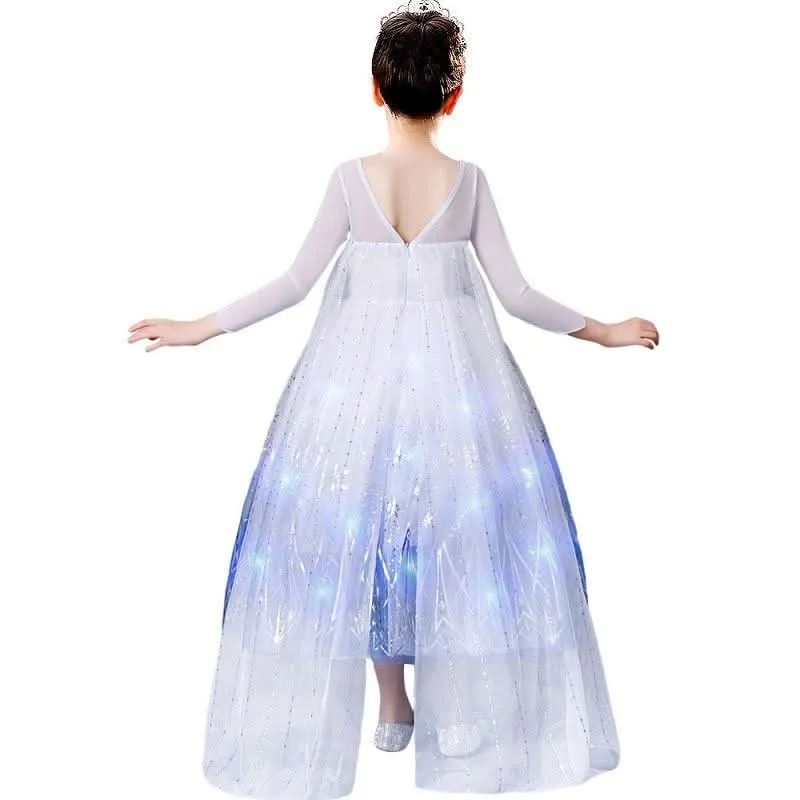 Girls' sequin printed long sleeved luminous princess dress  Sparkling Ice Queen Gown  LED Blue Princess Dress Carnival birthday party Halloween performance costume