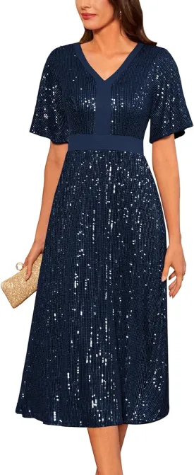 GRACE KARIN Women's Sequin V Neck Ruffle Sleeve Empire Waist Sparkly Glitter A Line Cocktail Formal Dresses
