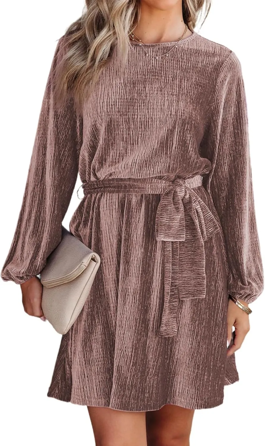 Happy Sailed Women's Velvet Cocktail Dress Spring Fashion Lantern Sleeve High Waist A-Line Skater Party Dresses with Belt