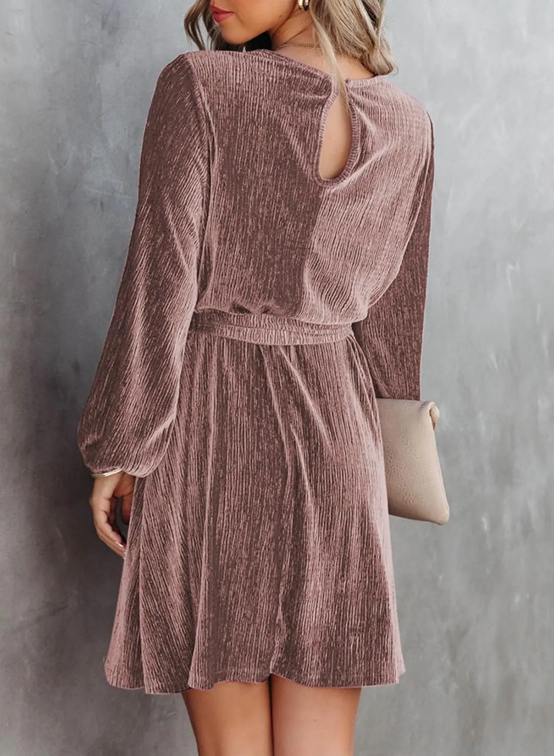 Happy Sailed Women's Velvet Cocktail Dress Spring Fashion Lantern Sleeve High Waist A-Line Skater Party Dresses with Belt