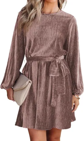 Happy Sailed Women's Velvet Cocktail Dress Spring Fashion Lantern Sleeve High Waist A-Line Skater Party Dresses with Belt