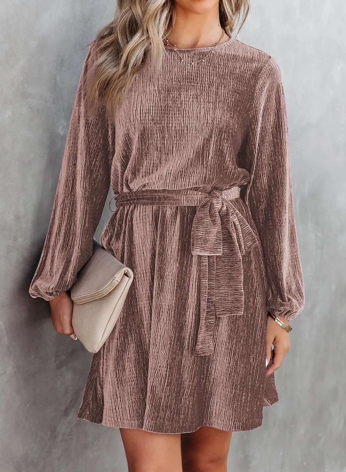 Happy Sailed Women's Velvet Cocktail Dress Spring Fashion Lantern Sleeve High Waist A-Line Skater Party Dresses with Belt
