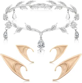 Hicarer Elf Ears with Crown Set, Fairy Crown Rhinestone Leaf Tiara and Soft Elf Ears Cuffs for Women Halloween Cosplay Costume Party