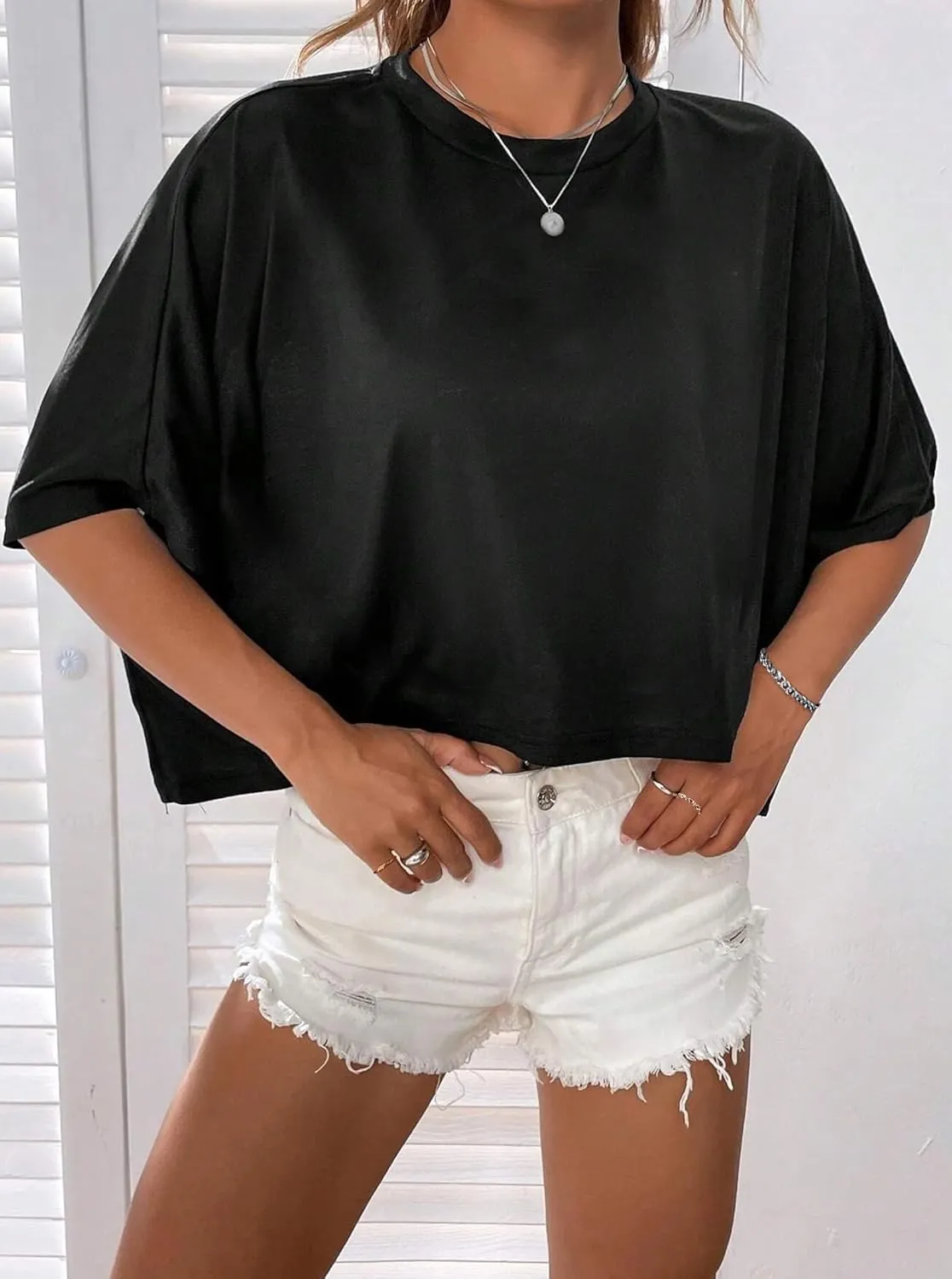 Hilinker Womens Oversized Graphic Tee Batwing Short Sleeve Crop Tops Summer Casual Loose T Shirts