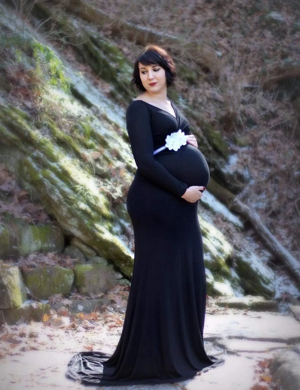 JustVH Maternity Elegant Fitted Maternity Gown Long Sleeve Cross-Front V Neck Slim Fit Maxi Photography Dress for Photoshoot