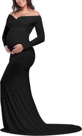 JustVH Maternity Elegant Fitted Maternity Gown Long Sleeve Cross-Front V Neck Slim Fit Maxi Photography Dress for Photoshoot
