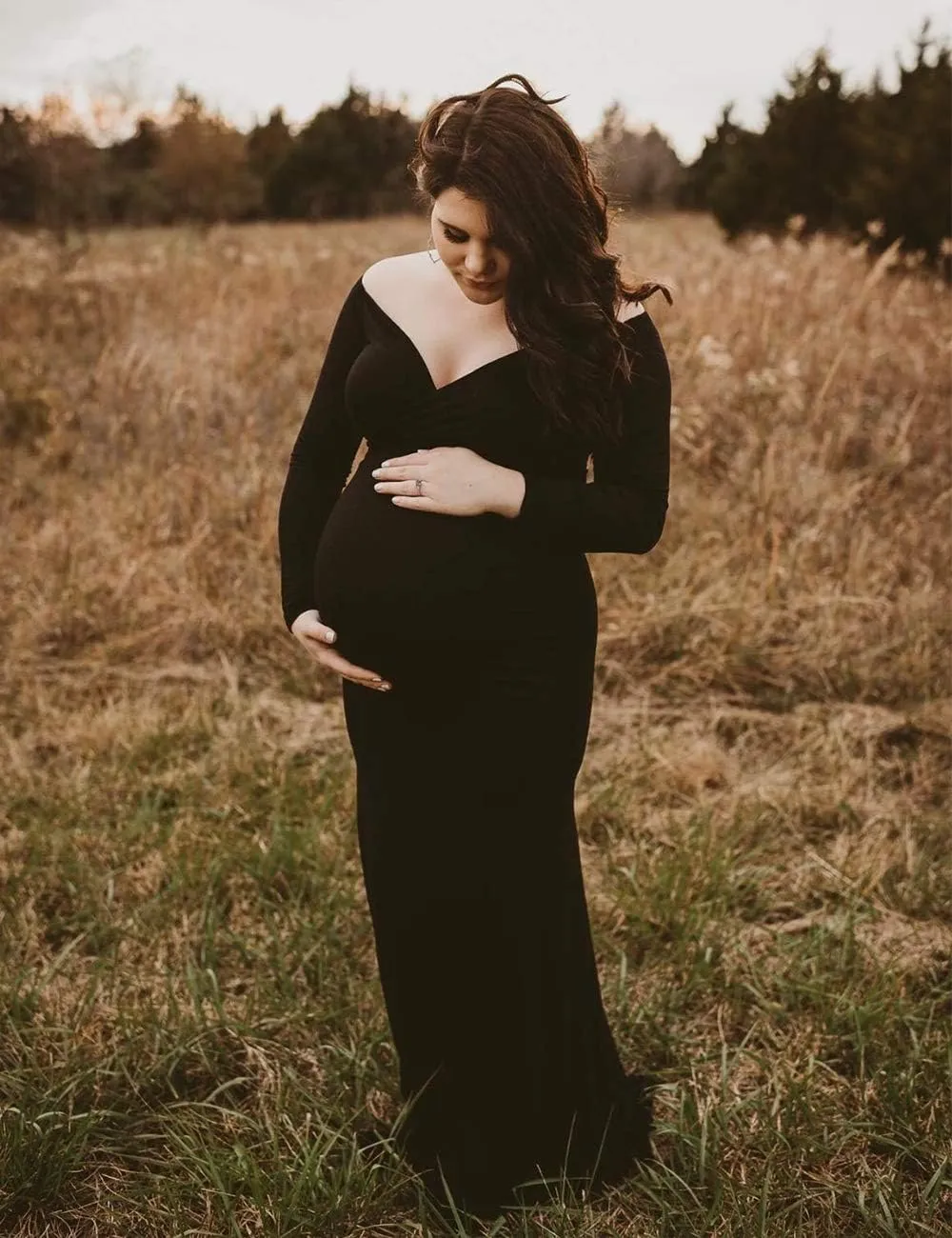 JustVH Maternity Elegant Fitted Maternity Gown Long Sleeve Cross-Front V Neck Slim Fit Maxi Photography Dress for Photoshoot