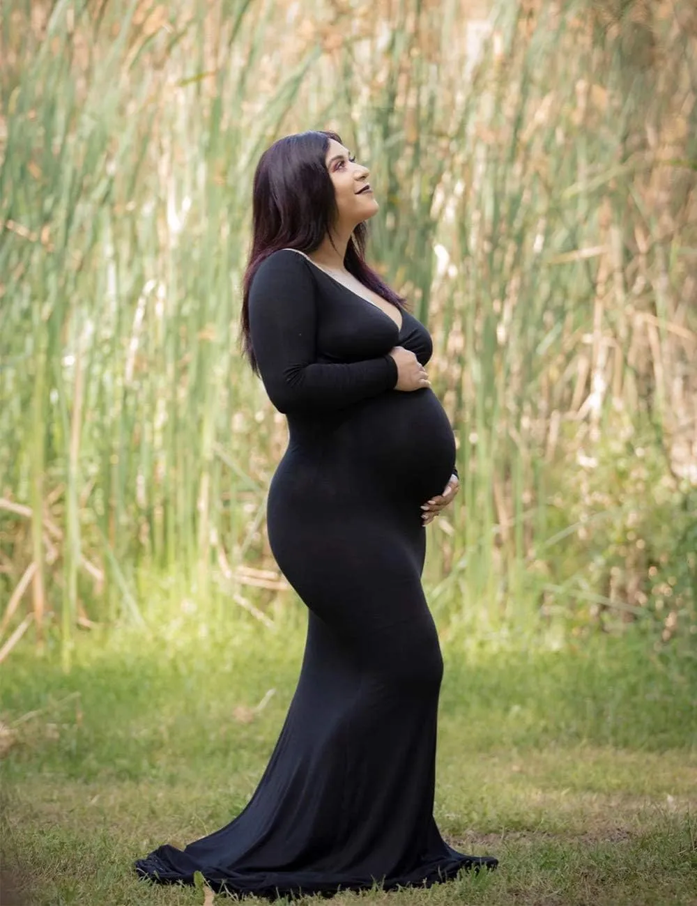 JustVH Maternity Elegant Fitted Maternity Gown Long Sleeve Cross-Front V Neck Slim Fit Maxi Photography Dress for Photoshoot