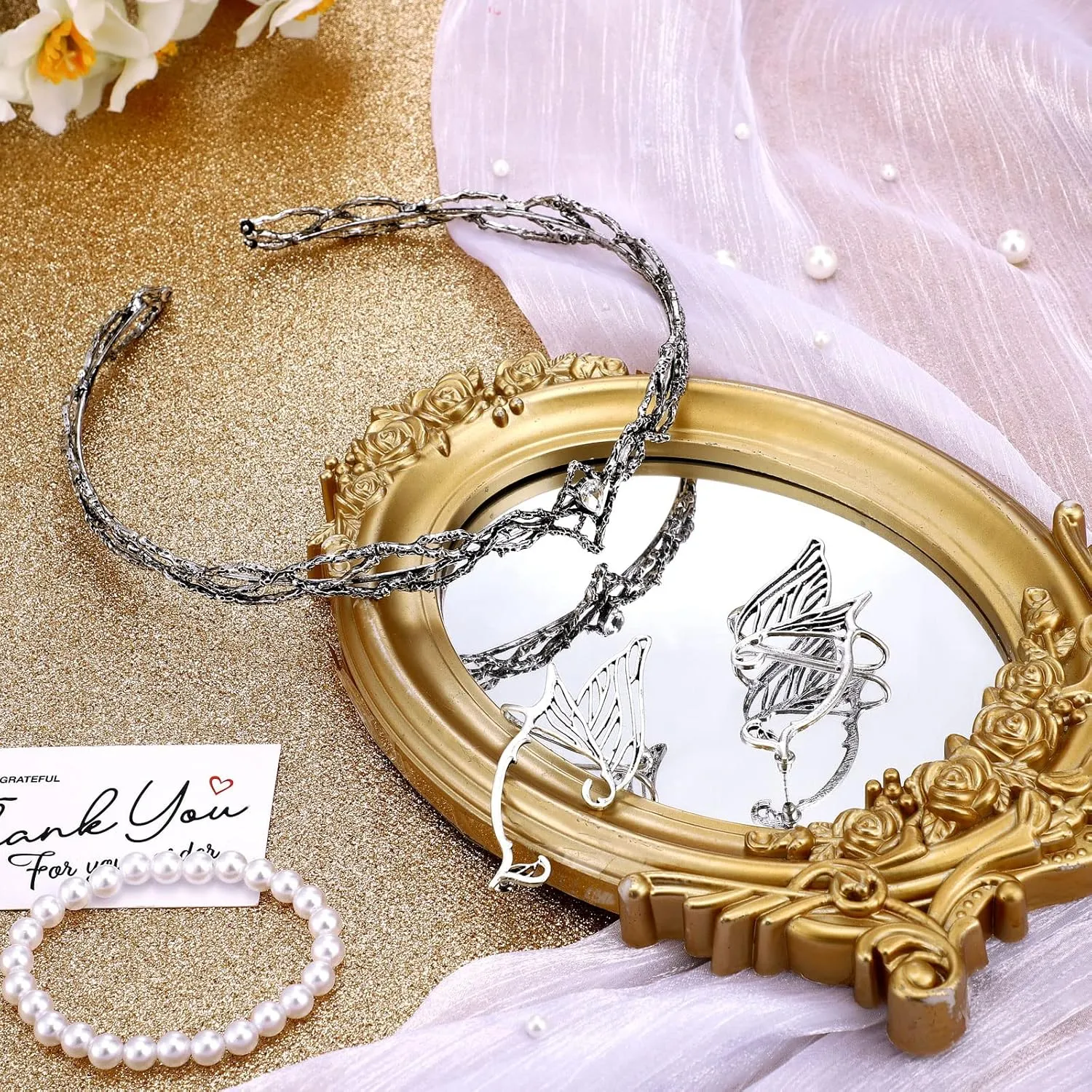 Kacctyen Fairy Leaf Headband Elf Ear Cuffs Elf Crown Cosplay Accessories for Women Halloween Pageant Wedding Prom