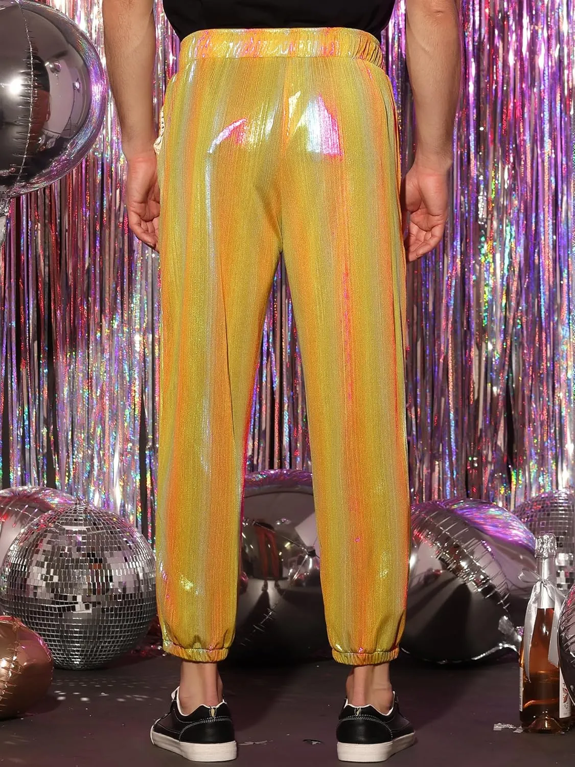 Lars Amadeus Metallic Pants for Men's Sparkle Rainbow Sweatpants Disco Holographic Pants