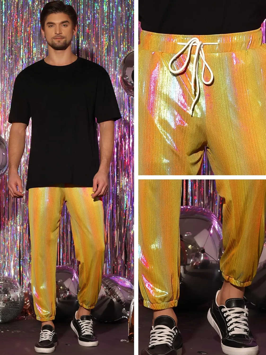 Lars Amadeus Metallic Pants for Men's Sparkle Rainbow Sweatpants Disco Holographic Pants