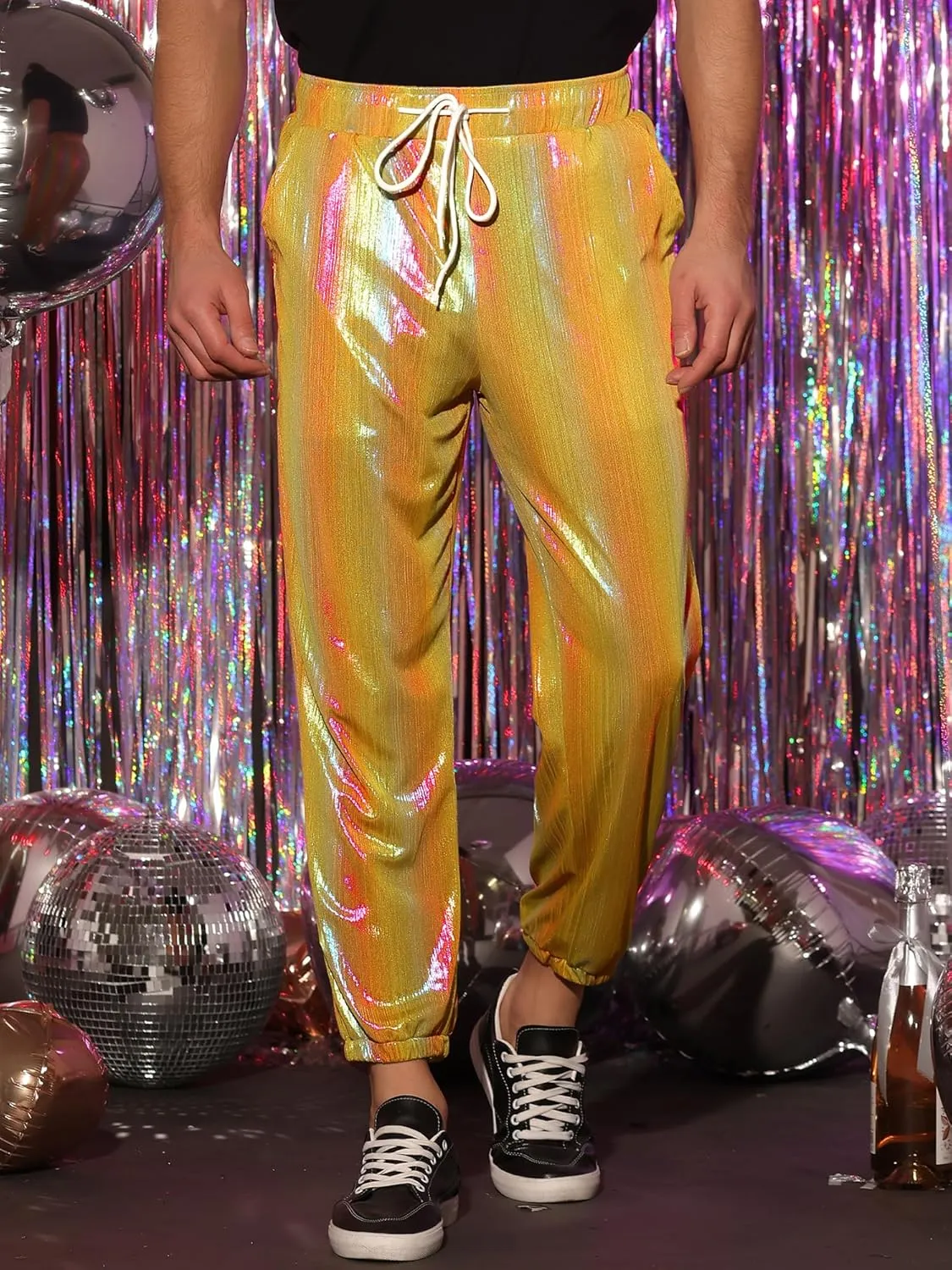 Lars Amadeus Metallic Pants for Men's Sparkle Rainbow Sweatpants Disco Holographic Pants