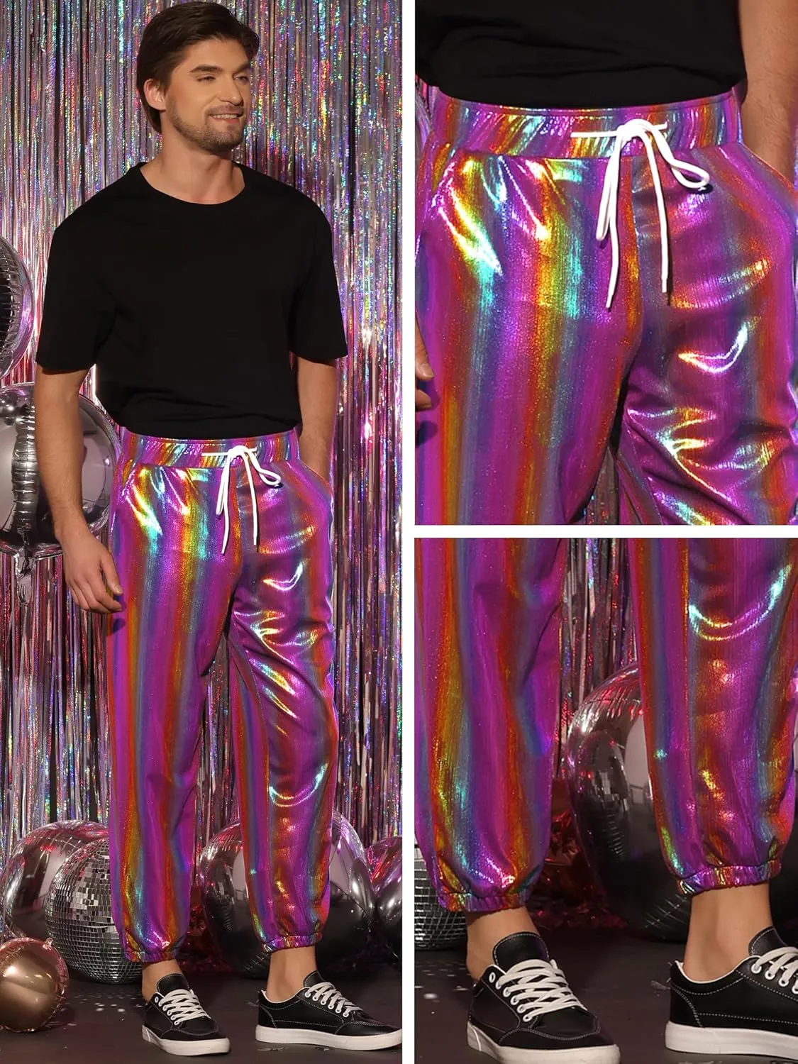 Lars Amadeus Metallic Pants for Men's Sparkle Rainbow Sweatpants Disco Holographic Pants