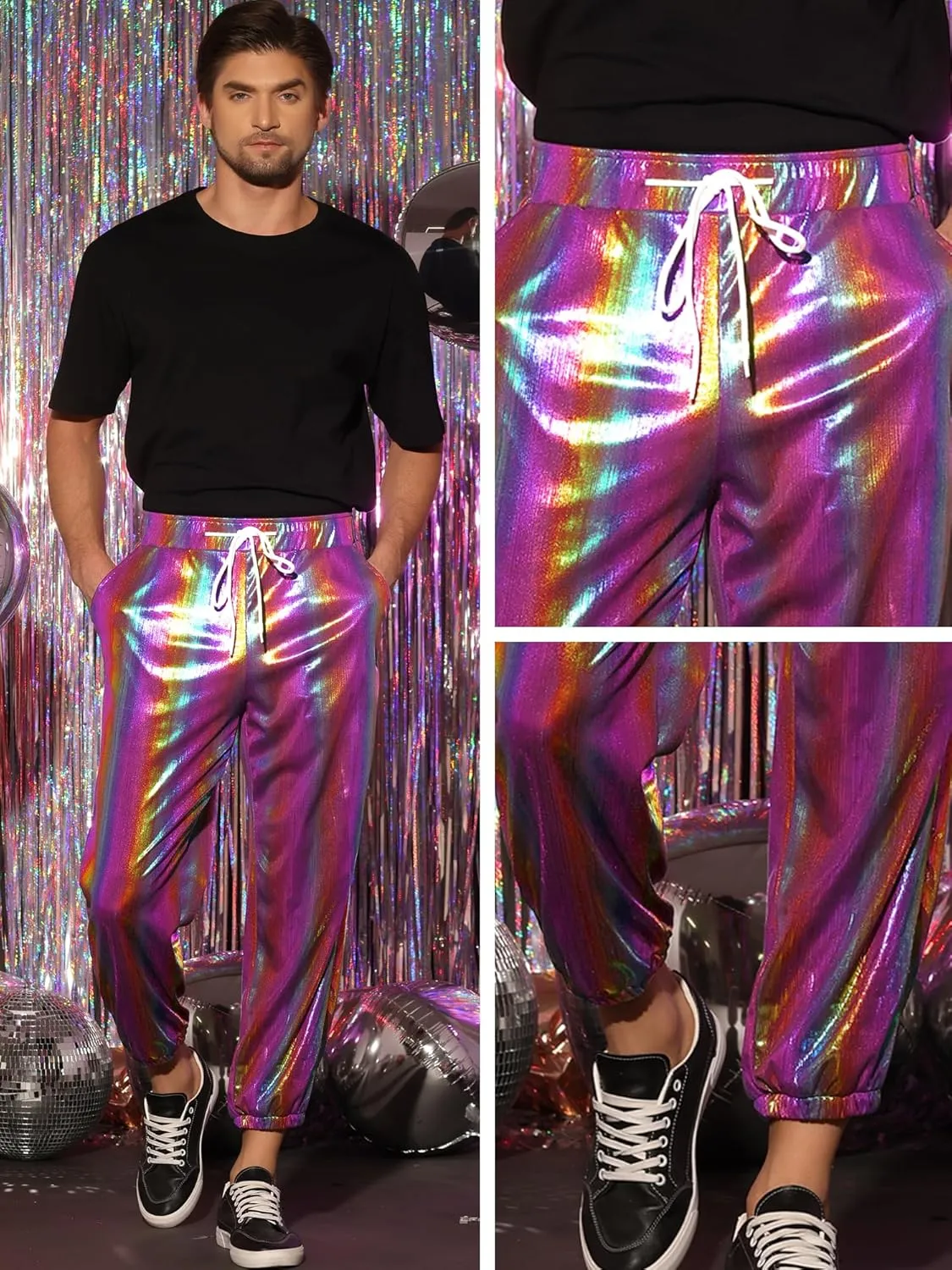 Lars Amadeus Metallic Pants for Men's Sparkle Rainbow Sweatpants Disco Holographic Pants