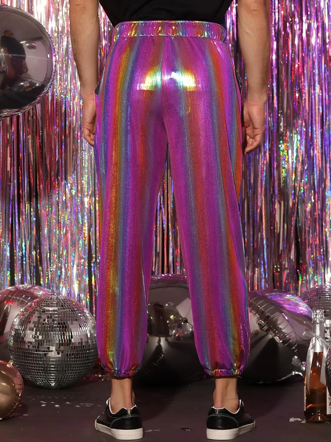Lars Amadeus Metallic Pants for Men's Sparkle Rainbow Sweatpants Disco Holographic Pants
