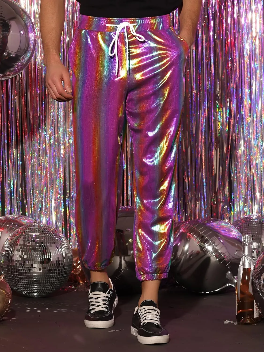 Lars Amadeus Metallic Pants for Men's Sparkle Rainbow Sweatpants Disco Holographic Pants