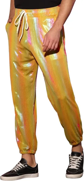 Lars Amadeus Metallic Pants for Men's Sparkle Rainbow Sweatpants Disco Holographic Pants