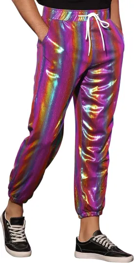 Lars Amadeus Metallic Pants for Men's Sparkle Rainbow Sweatpants Disco Holographic Pants