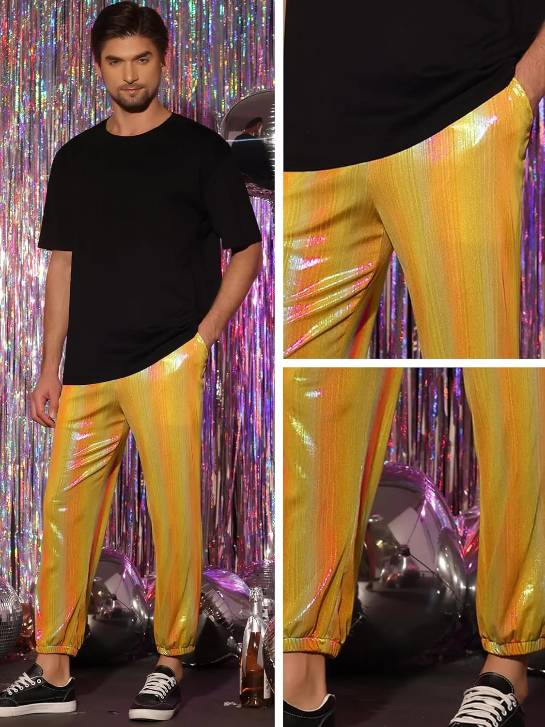 Lars Amadeus Metallic Pants for Men's Sparkle Rainbow Sweatpants Disco Holographic Pants