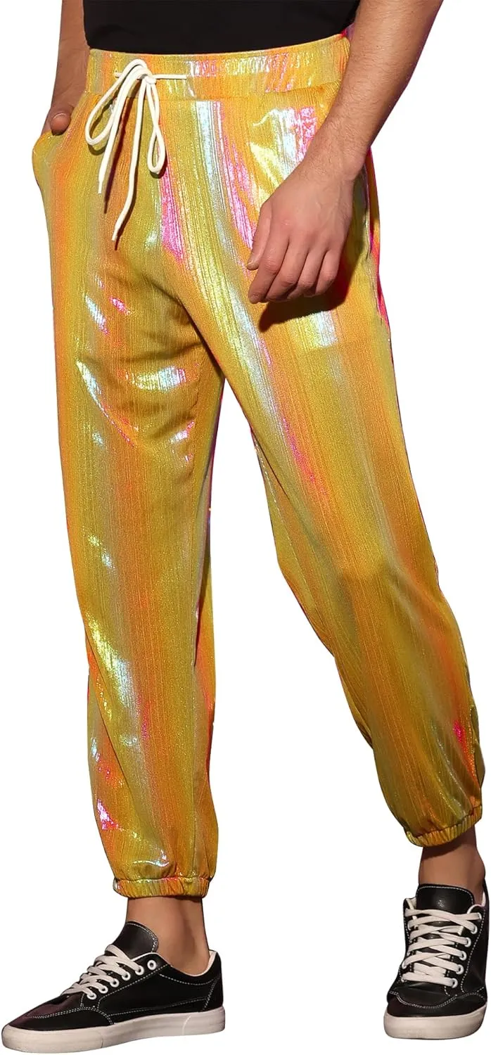 Lars Amadeus Metallic Pants for Men's Sparkle Rainbow Sweatpants Disco Holographic Pants