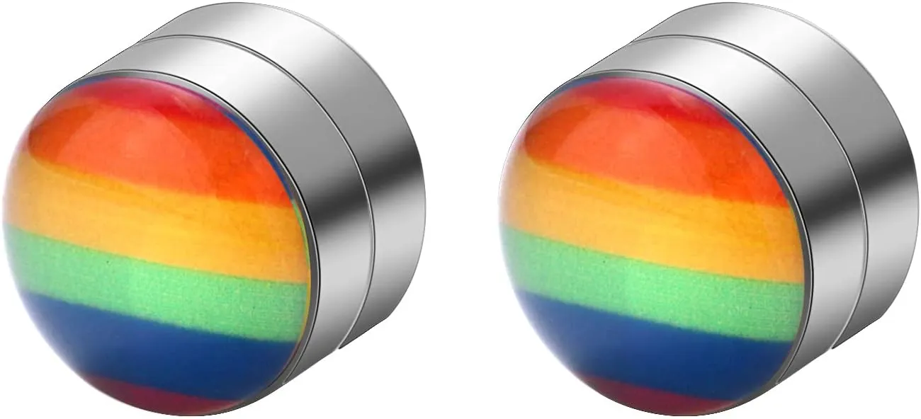 LGBT Rainbow Non-Pierced Magnetic Clip On Earrings 10mm Fake Gauges Ear Studs Earrings, Gay Lesbian Pride Earrings Jewelry