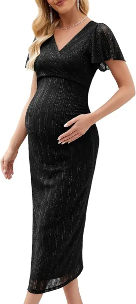 Maternity Cocktail Dress Sparkly Mesh Wrap Bodycon Baby Shower Wedding Guest Pregnancy Shoot Fall V Neck Formal
