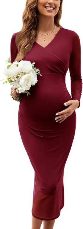 Maternity Cocktail Dress Sparkly Mesh Wrap Bodycon Baby Shower Wedding Guest Pregnancy Shoot Fall V Neck Formal