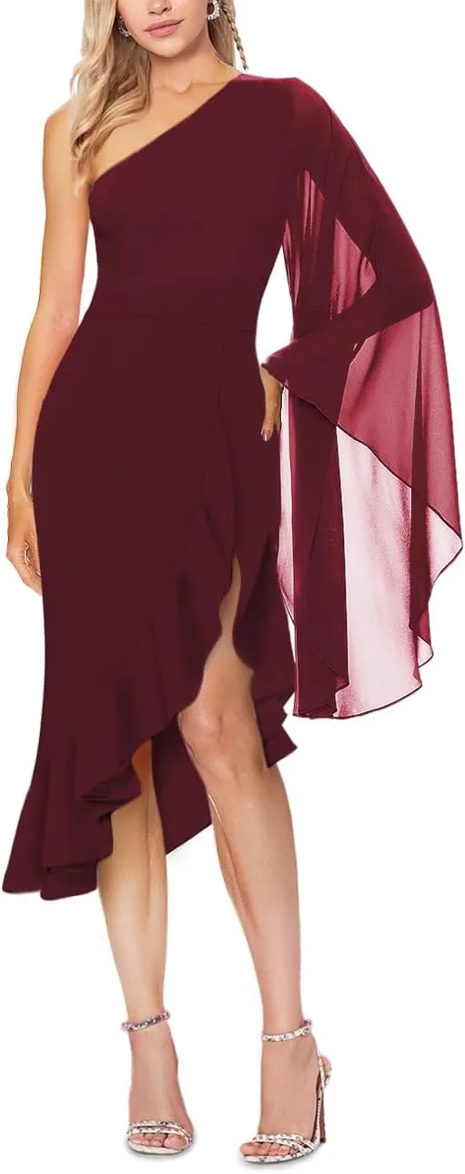 MAYFASEY Women's Sexy One Shoulder Dress Cape Sleeve Ruffle Hem High Split Bodycon Formal Cocktail Party Evening Dress