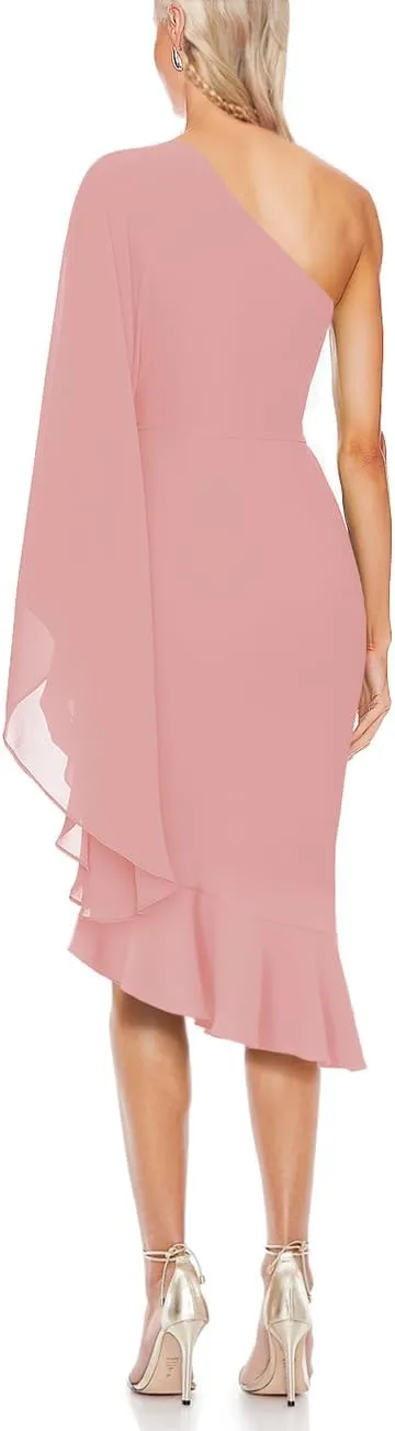 MAYFASEY Women's Sexy One Shoulder Dress Cape Sleeve Ruffle Hem High Split Bodycon Formal Cocktail Party Evening Dress