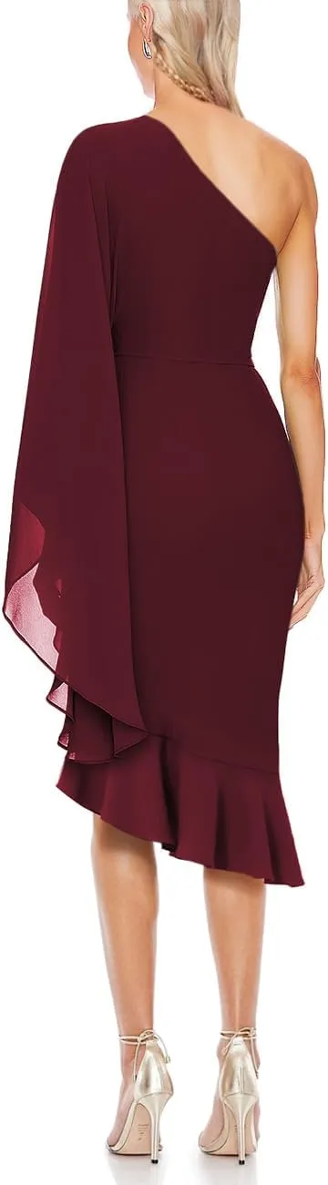 MAYFASEY Women's Sexy One Shoulder Dress Cape Sleeve Ruffle Hem High Split Bodycon Formal Cocktail Party Evening Dress