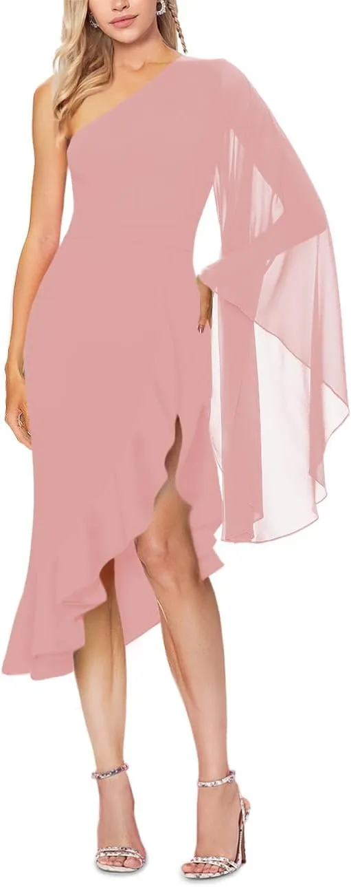 MAYFASEY Women's Sexy One Shoulder Dress Cape Sleeve Ruffle Hem High Split Bodycon Formal Cocktail Party Evening Dress