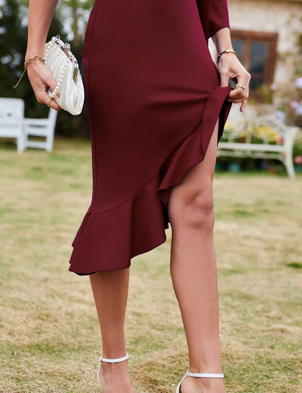 MAYFASEY Women's Sexy One Shoulder Dress Cape Sleeve Ruffle Hem High Split Bodycon Formal Cocktail Party Evening Dress