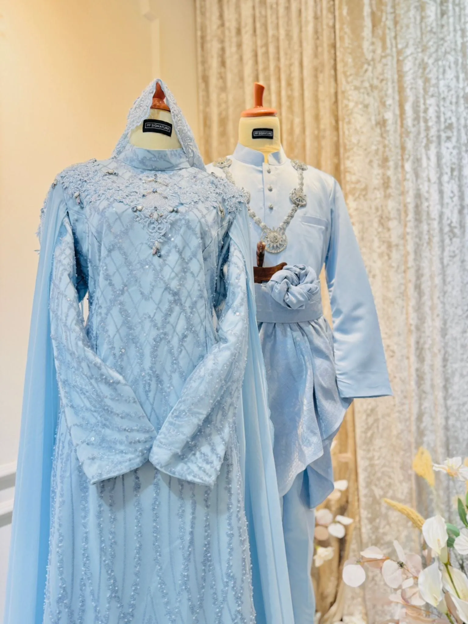 MECCA - Baju Pengantin Baby Blue with Icy Blue Sequin Laces Loose A-cut Dress