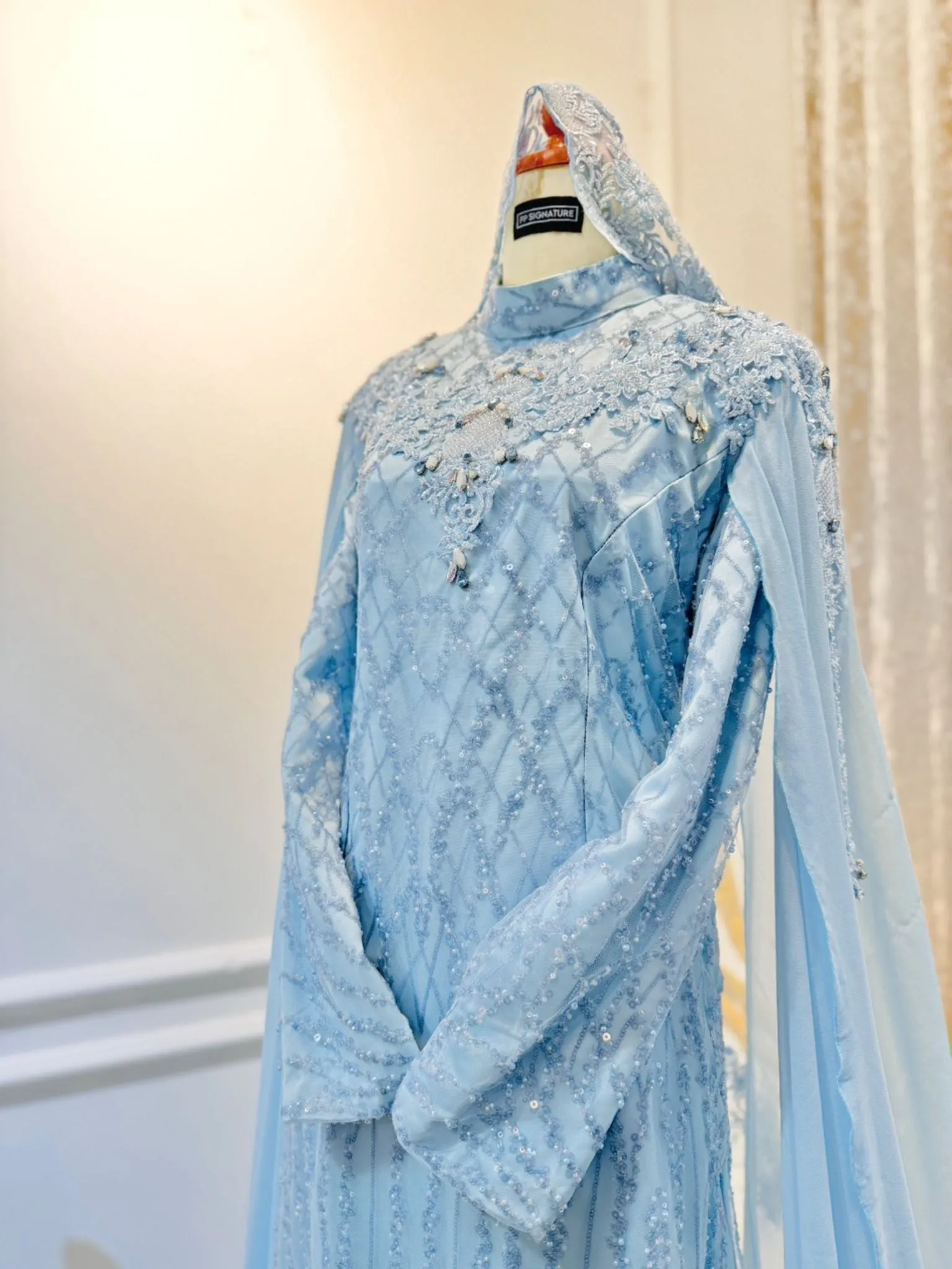 MECCA - Baju Pengantin Baby Blue with Icy Blue Sequin Laces Loose A-cut Dress