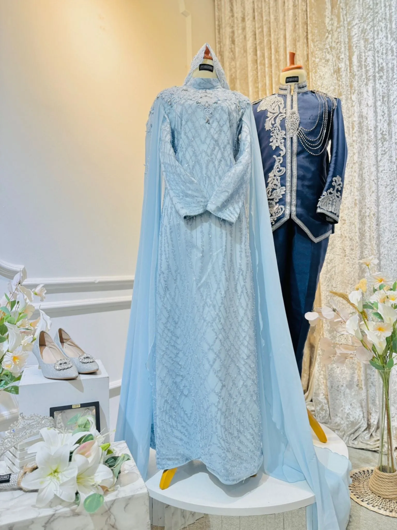 MECCA - Baju Pengantin Baby Blue with Icy Blue Sequin Laces Loose A-cut Dress