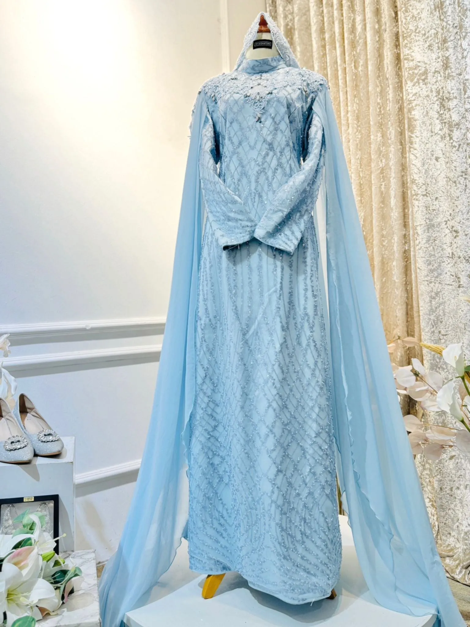 MECCA - Baju Pengantin Baby Blue with Icy Blue Sequin Laces Loose A-cut Dress
