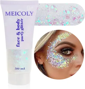 MEICOLY Clear White Body Glitter Gel,Mardi Gras Face Glitter Makeup for Kids Women Girls,Sparkly Chunky Hair Glitter,Singer Concerts Festival Rave Accessories,Mermaid Glitter Face Paint