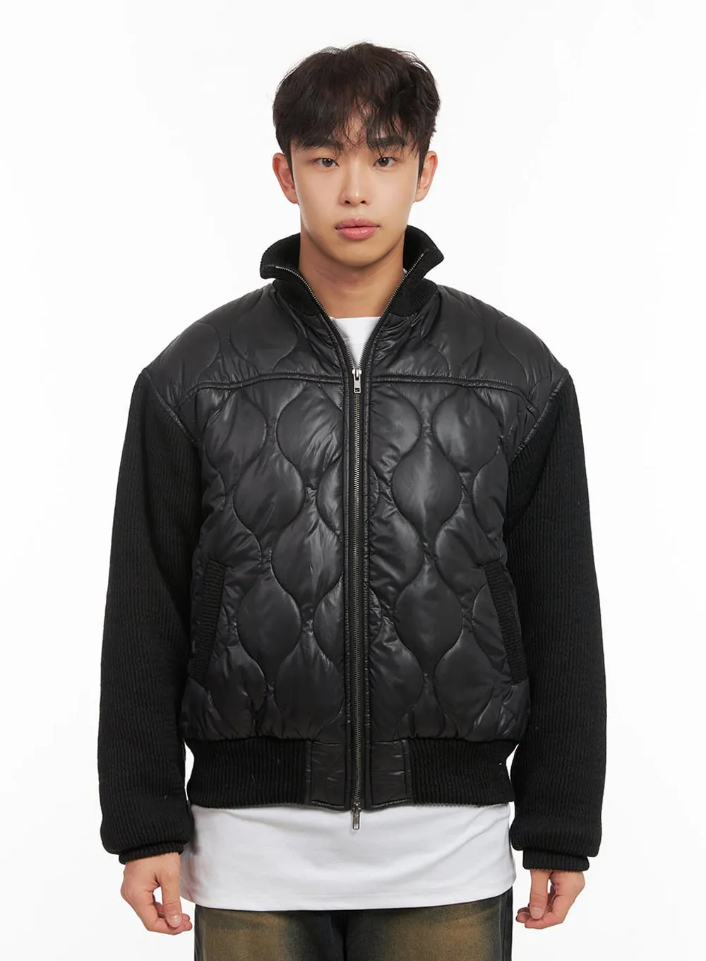Men's Knit-Sleeve Quilted Bomber Jacket ID427