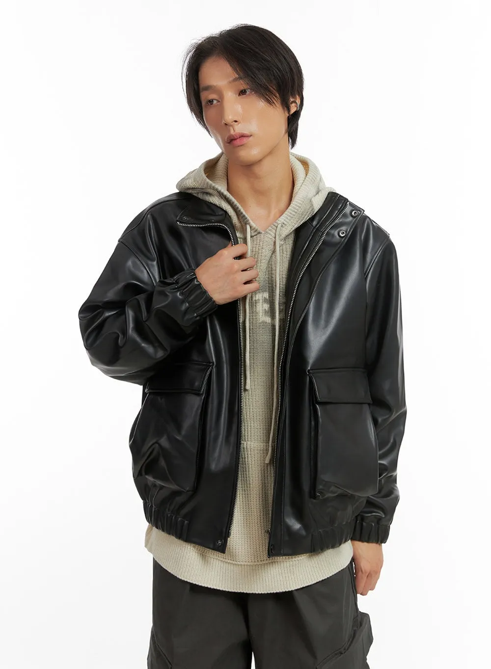 Men's Zip-Up Faux Leather Blouson Jacket IO402