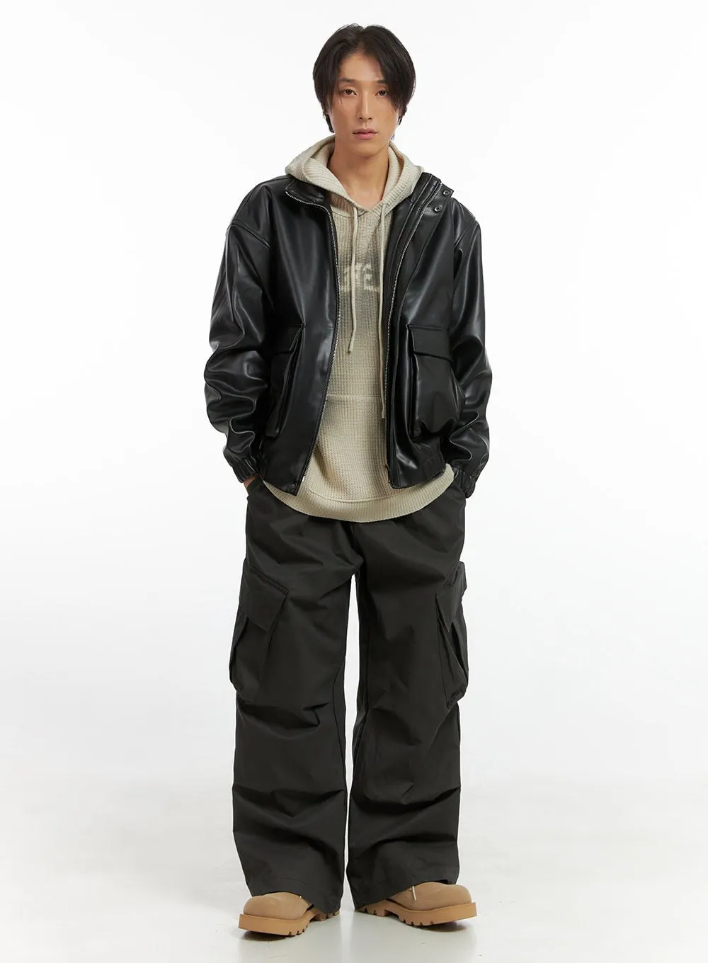 Men's Zip-Up Faux Leather Blouson Jacket IO402