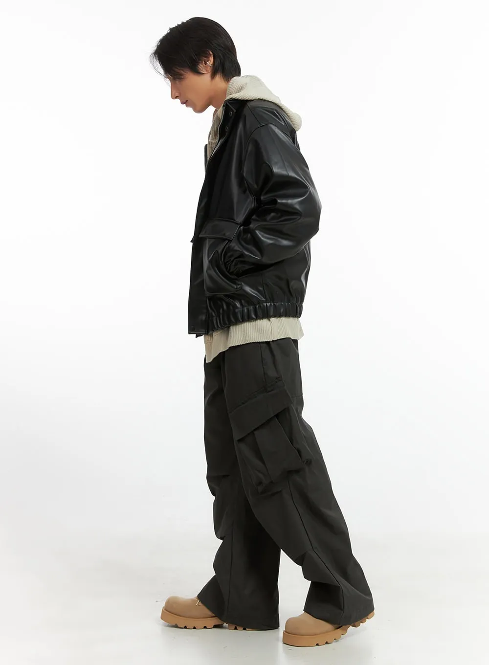 Men's Zip-Up Faux Leather Blouson Jacket IO402
