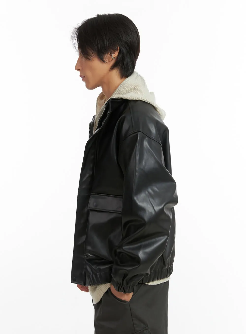 Men's Zip-Up Faux Leather Blouson Jacket IO402