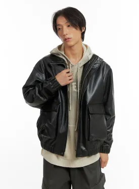 Men's Zip-Up Faux Leather Blouson Jacket IO402