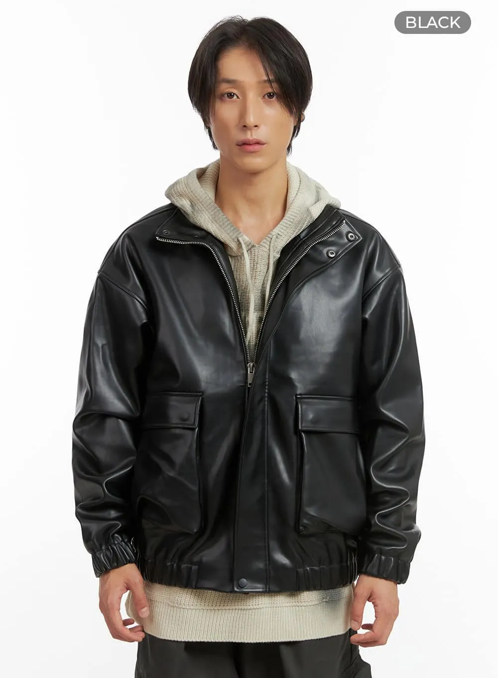 Men's Zip-Up Faux Leather Blouson Jacket IO402