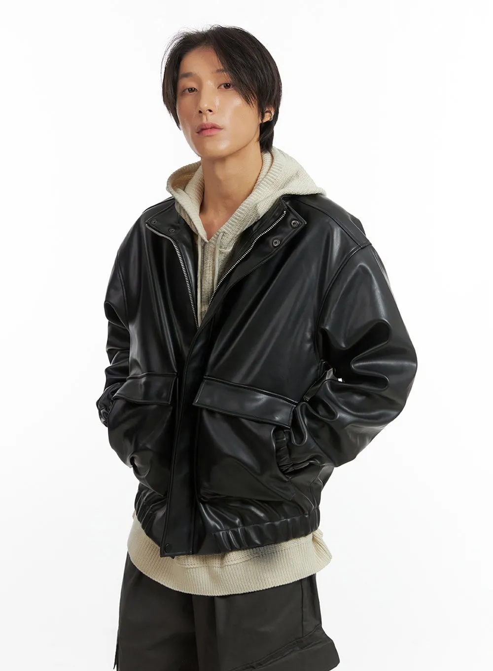 Men's Zip-Up Faux Leather Blouson Jacket IO402