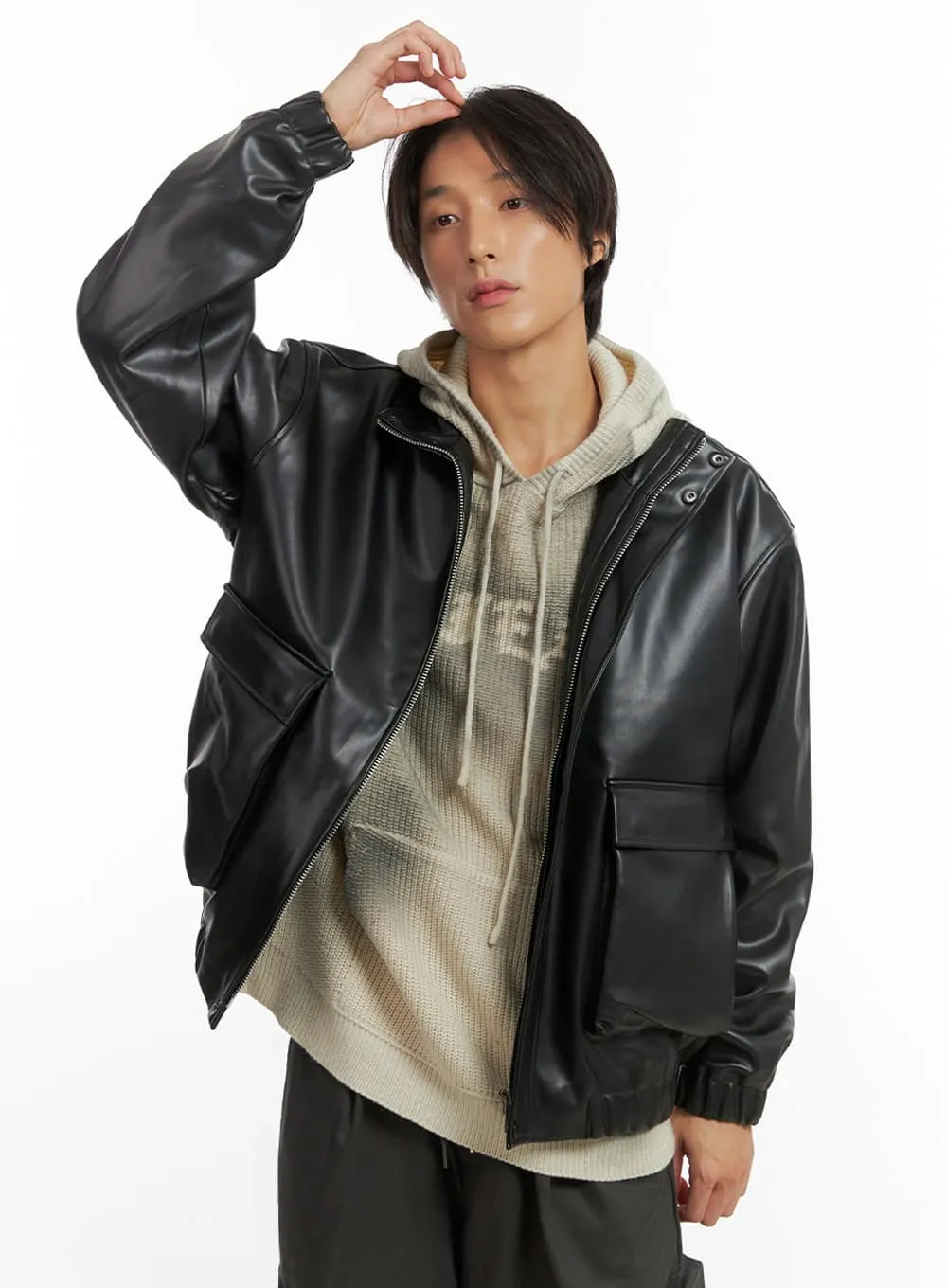 Men's Zip-Up Faux Leather Blouson Jacket IO402