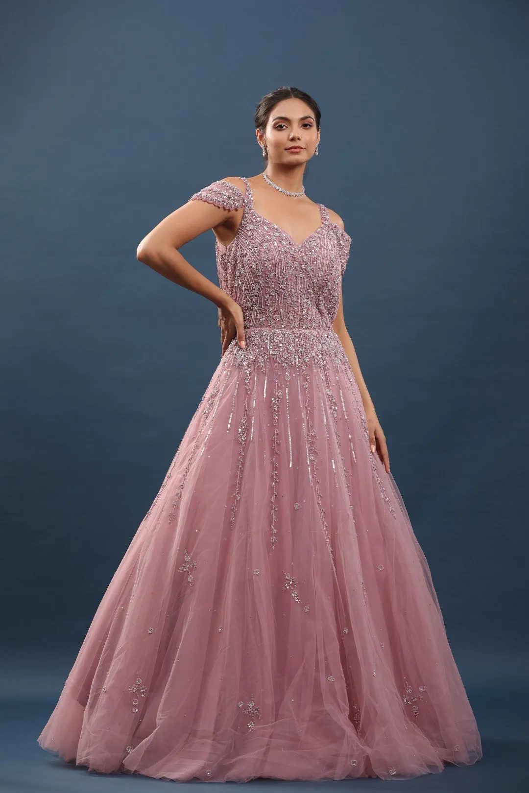 Onion Pink Beads and Resham Embroidered Gown with Cold Shoulder