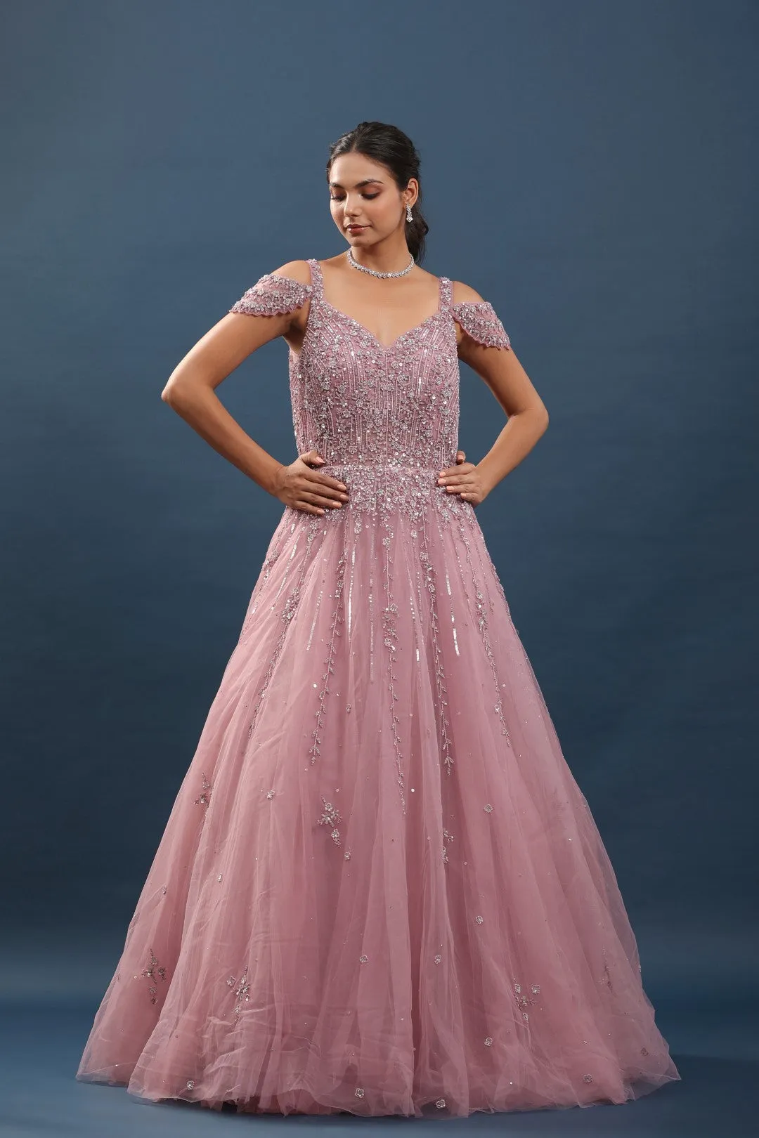 Onion Pink Beads and Resham Embroidered Gown with Cold Shoulder
